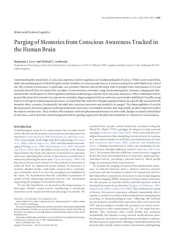 (PDF) Purging of Memories from Conscious Awareness Tracked in the Human ...