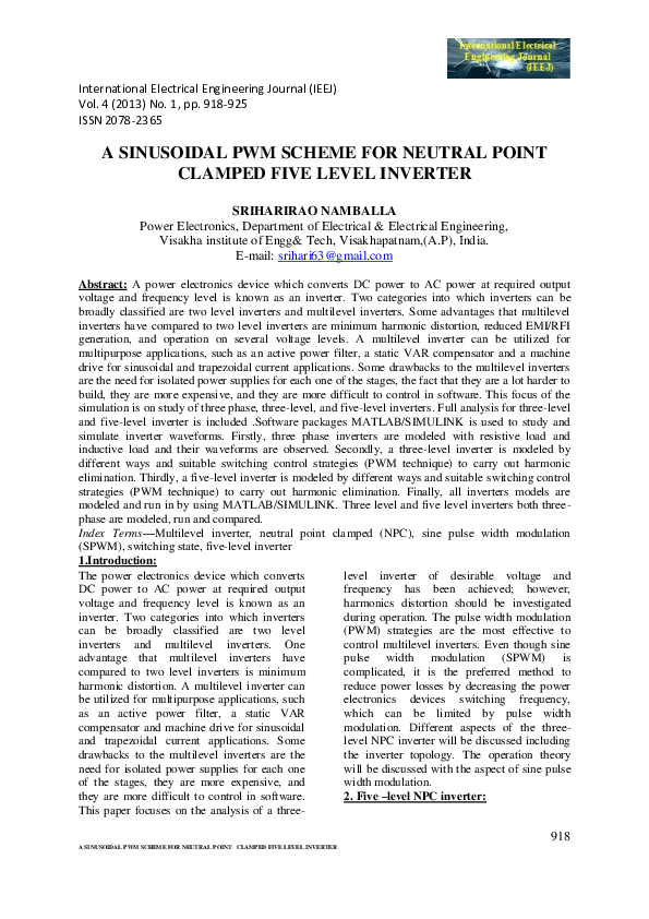 (PDF) A SINUSOIDAL PWM SCHEME FOR NEUTRAL POINT CLAMPED FIVE LEVEL INVERTER