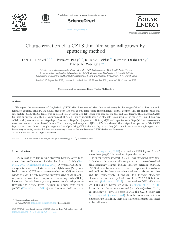 (PDF) Characterization of a CZTS thin film solar cell grown by ...