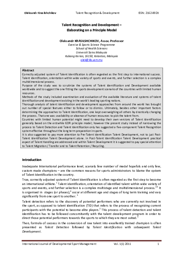 (PDF) Talent Recognition and Development Elaborating on a Principle ...