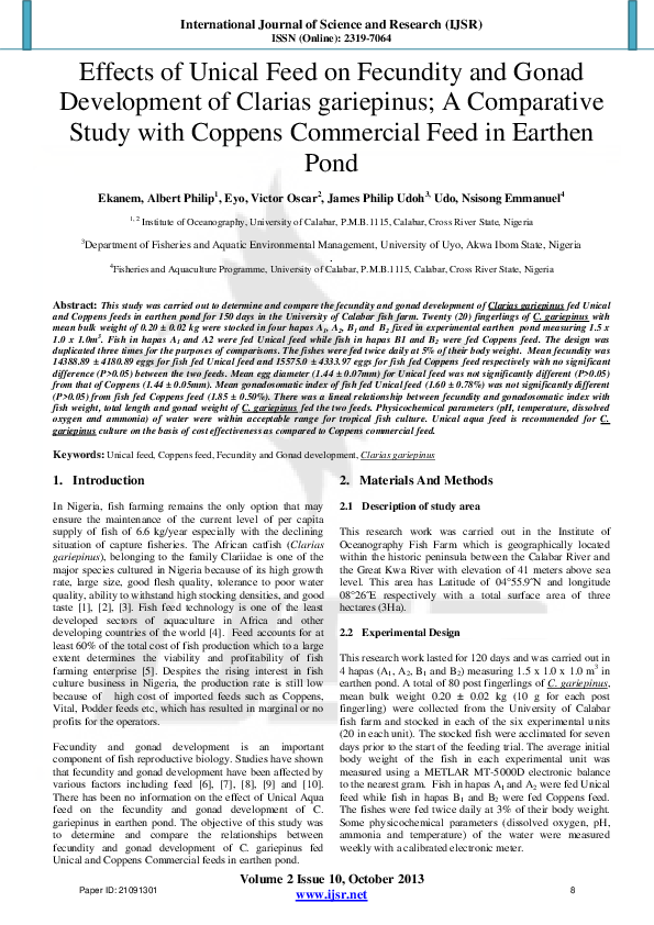 (PDF) Effects of Unical Feed on Fecundity and Gonad Development of ...