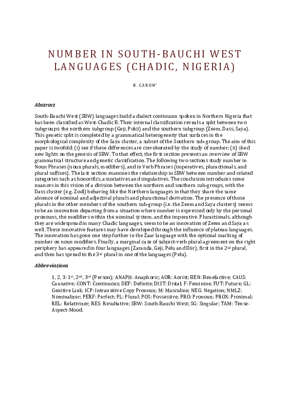 (PDF) Number in South-Bauchi West languages (Chadic, Nigeria)
