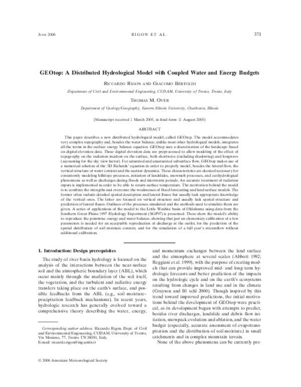 (PDF) GEOtop: A Distributed Hydrological Model with Coupled Water and ...