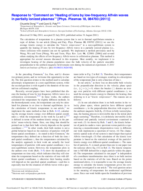 (PDF) Response to ``Comment on `Heating of ions by low-frequency Alfvén ...