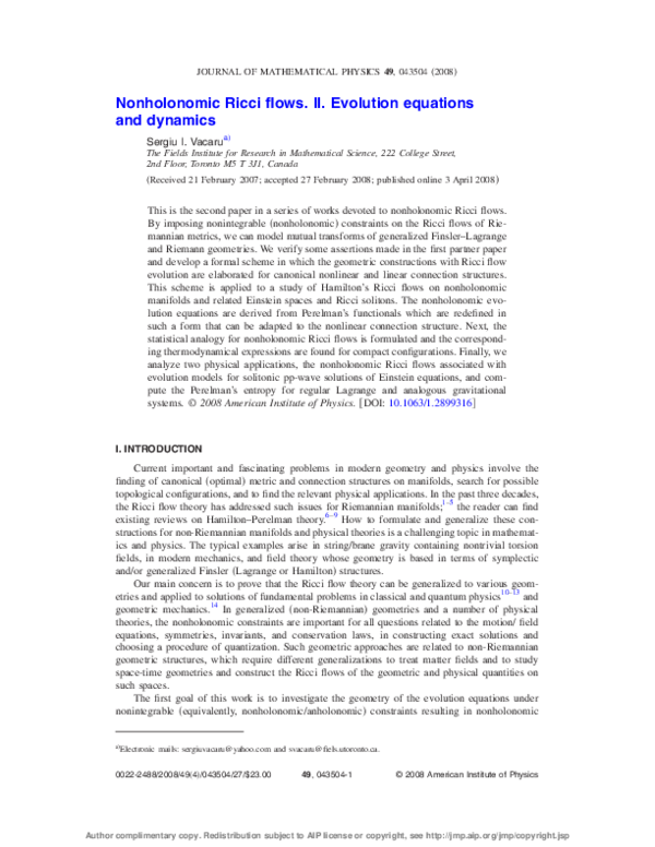 (PDF) Nonholonomic Ricci flows. II. Evolution equations and dynamics
