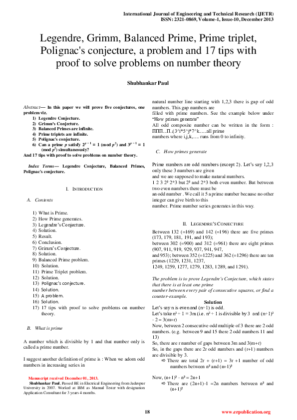 Legendre, Grimm, Balanced Prime, Prime triplet, Polignac's conjecture