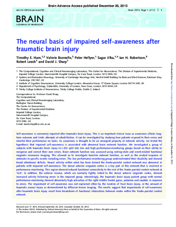 The neural basis of impaired self-awareness after traumatic brain injury