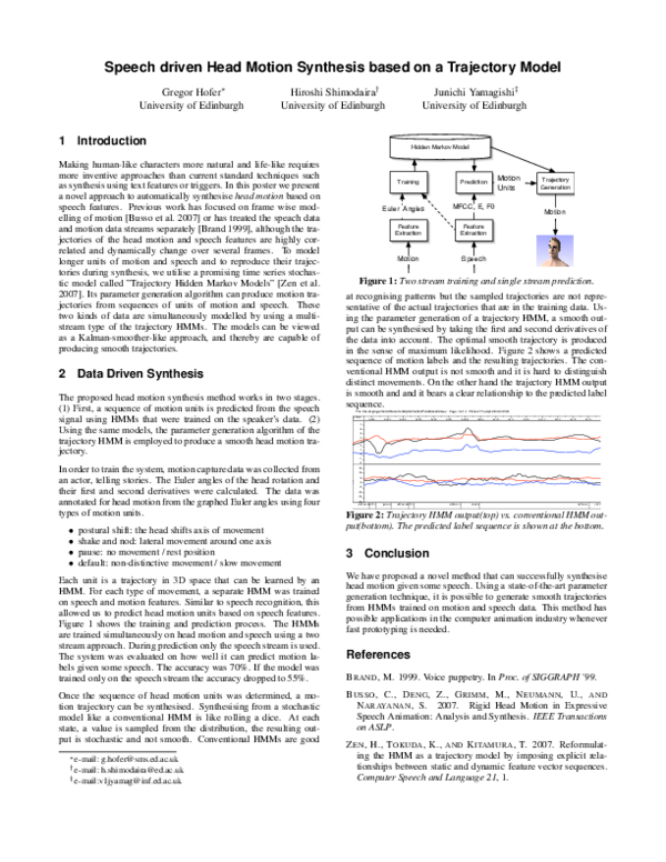 (PDF) Speech driven head motion synthesis based on a trajectory model