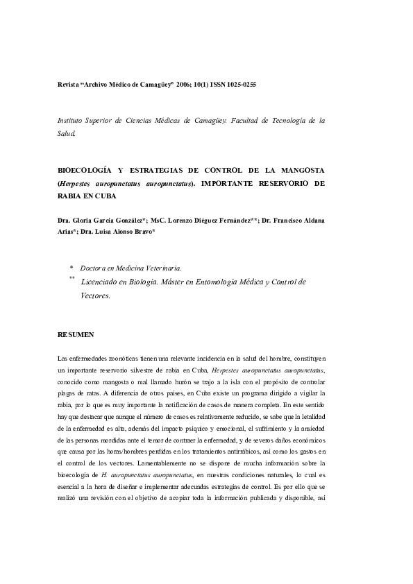 (PDF) BIOECOLOGÍA Y ESTRATEGIAS DE CONTROL DE LA MANGOSTA (Herpestes