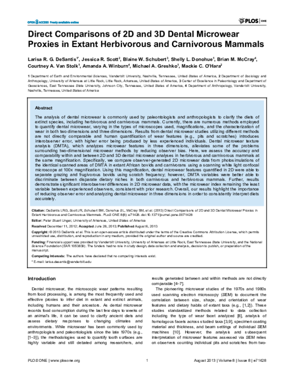 (PDF) Direct Comparisons of 2D and 3D Dental Microwear Proxies in ...