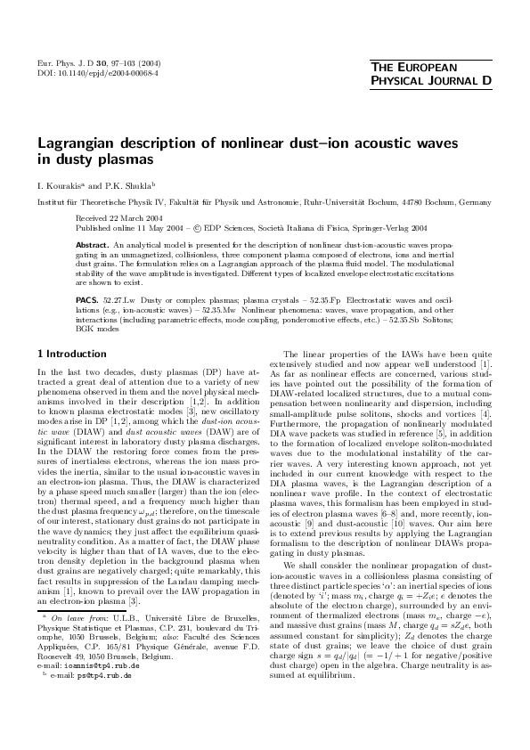 (PDF) Lagrangian description of nonlinear dust-ion acoustic waves in ...