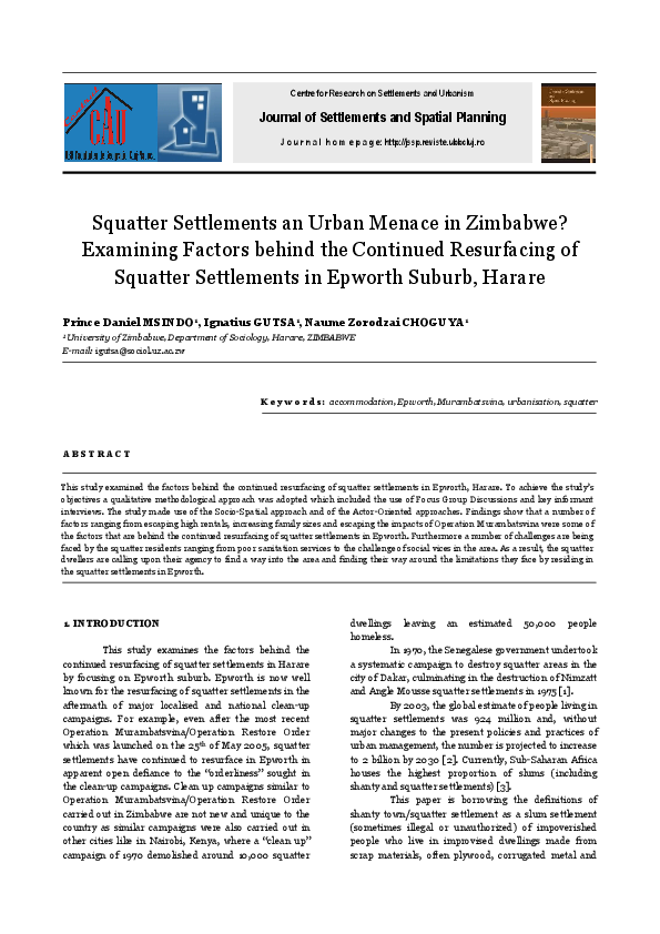 (PDF) Squatter Settlements an Urban Menace in Zimbabwe? Examining