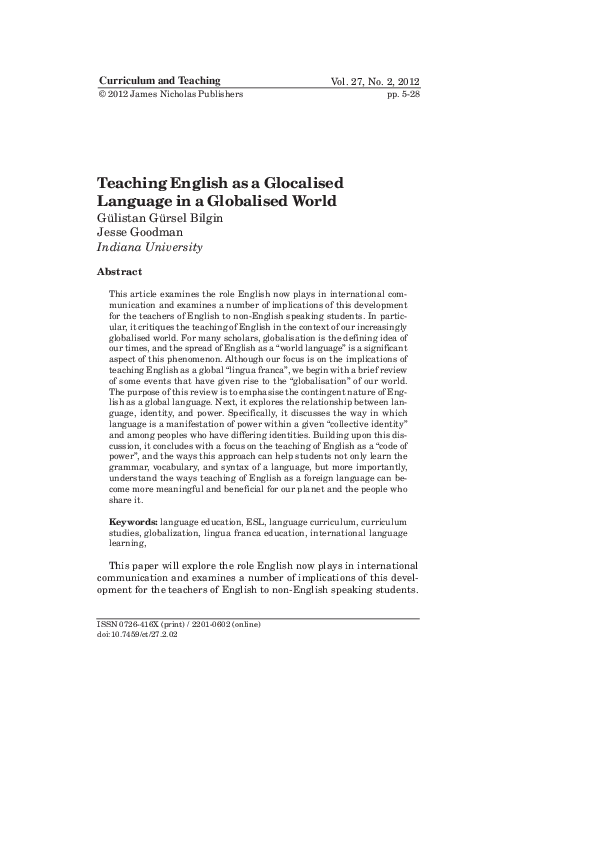 (PDF) Teaching English as a glocalised language in the globalized world