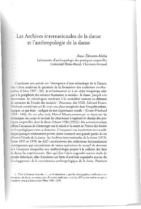Les Archives Internationales de la Danse et l’anthropologie de la danse