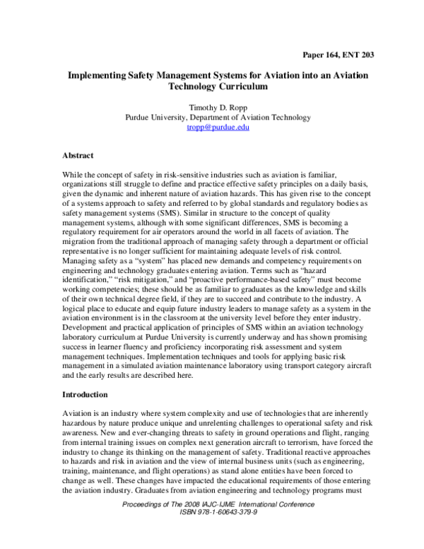 (PDF) Implementing Safety Management Systems for Aviation into an ...