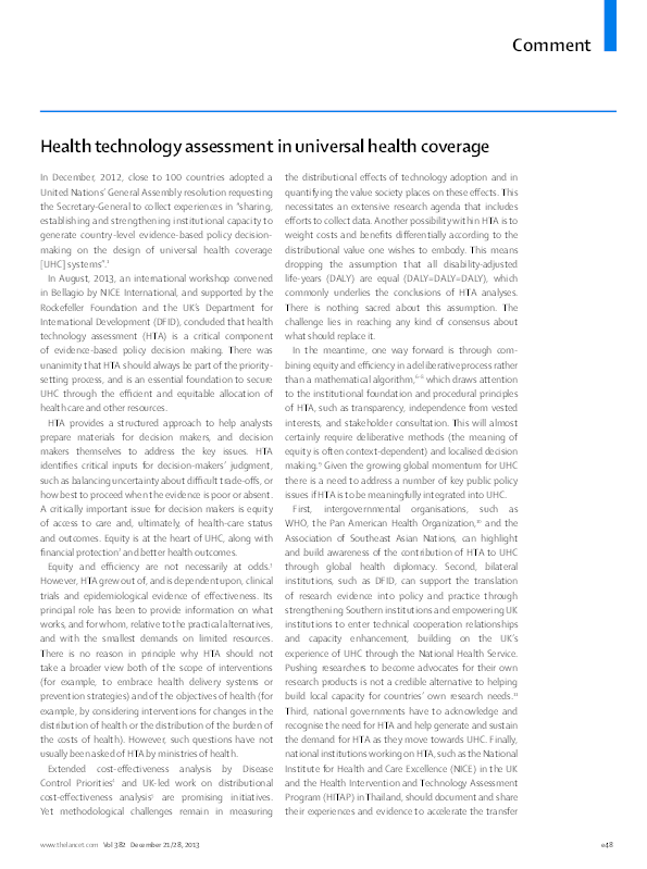 (PDF) Health technology assessment in universal health coverage
