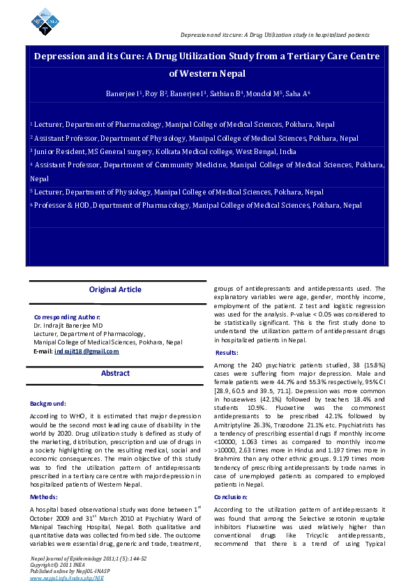 Pdf Depression And Its Cure A Drug Utilization Study From A Tertiary Care Centre Of Western Nepal Indrajit Banerjee Academia Edu
