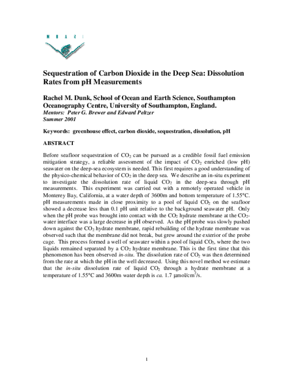 (PDF) Sequestration of Carbon Dioxide in the Deep Sea: Dissolution ...