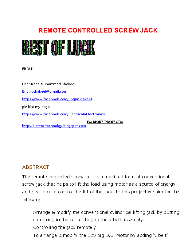 (DOC) Project Report On RemoteControlledScrewJack M. Shakeel
