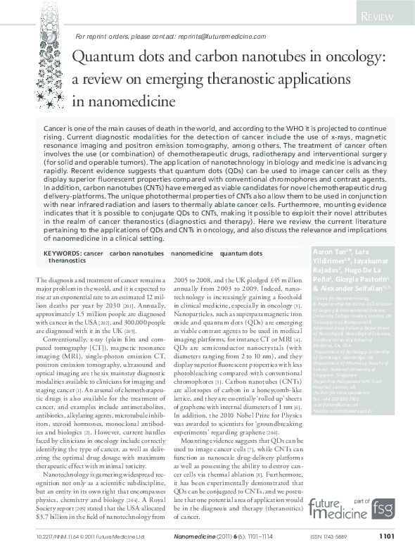 (PDF) Quantum dots and carbon nanotubes in oncology a review on ...
