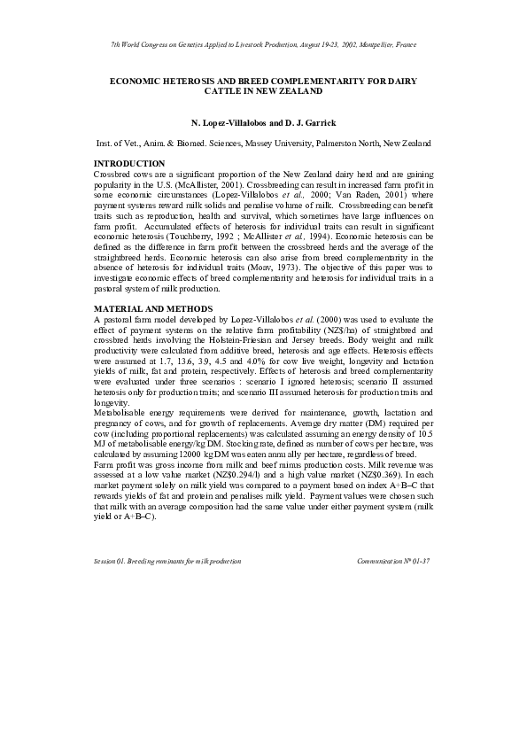 (PDF) ECONOMIC HETEROSIS AND BREED COMPLEMENTARITY FOR DAIRY CATTLE IN