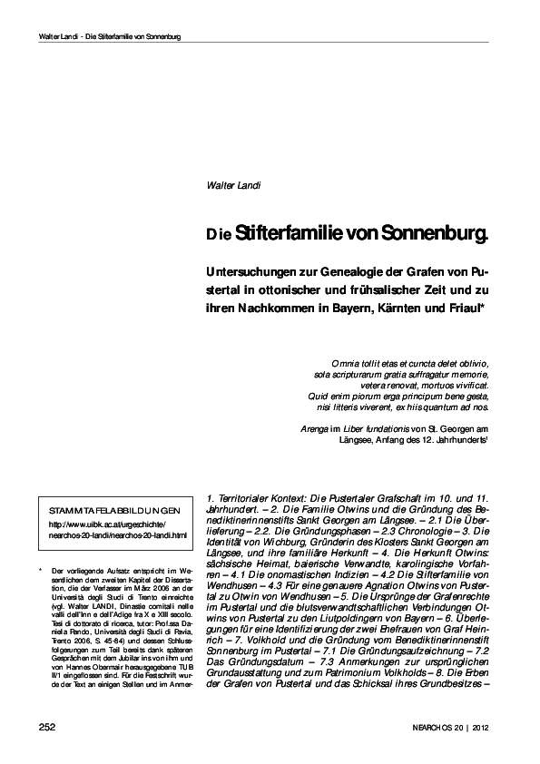 Die Stifterfamilie von Sonnenburg. Untersuchungen zur Genealogie der Grafen von Pustertal in ottonischer und frühsalischer Zeit und zu ihren Nachkommen in Bayern, Kärnten und Friaul