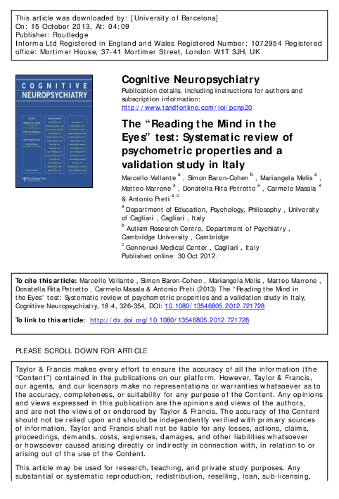 (PDF) The ‘‘Reading the Mind in the Eyes’’ test: Systematic review of ...