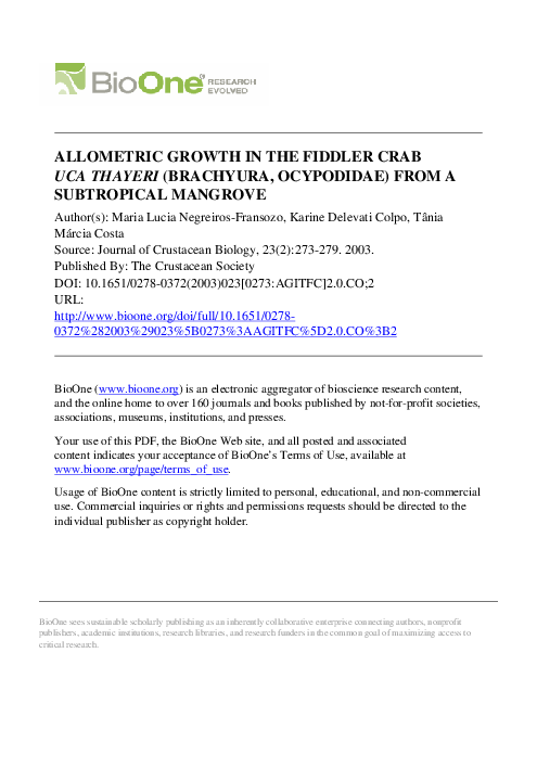(PDF) ALLOMETRIC GROWTH IN THE FIDDLER CRAB UCA THAYERI (BRACHYURA ...