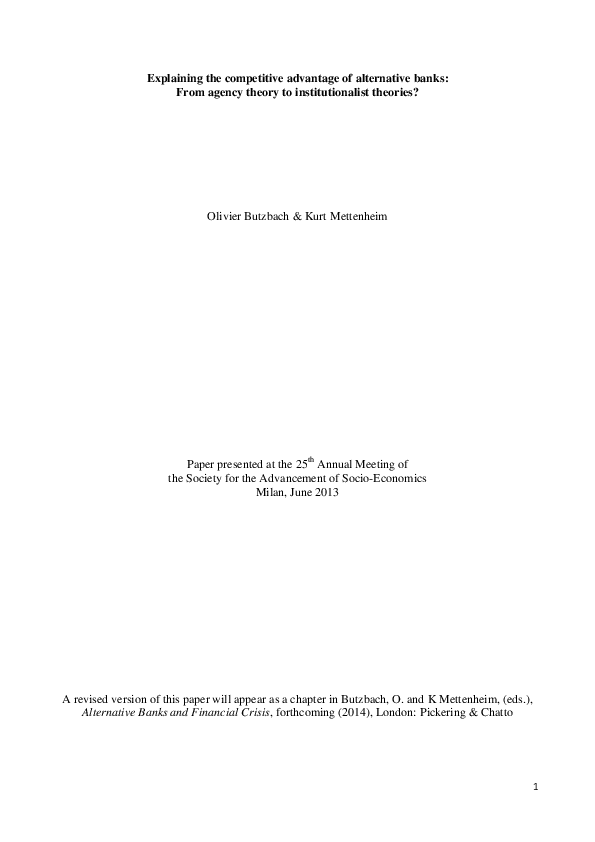 Explaining the competitive advantage of alternative banks: From agency theory to institutionalist theories?