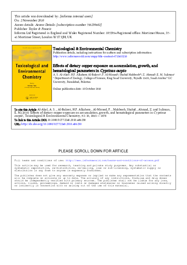 (PDF) Effects of dietary copper exposure on accumulation, growth, and