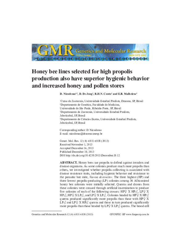 (PDF) Honey bee lines selected for high propolis production also have ...