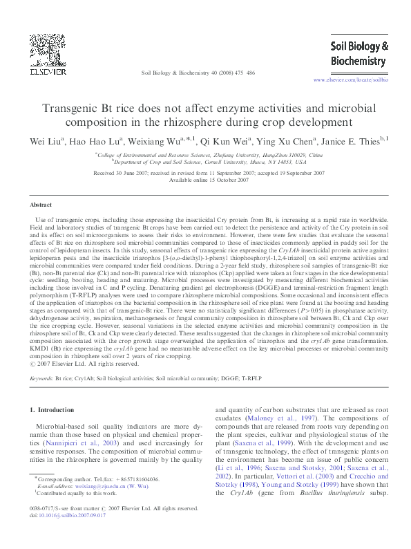 (PDF) Transgenic Bt rice does not affect enzyme activities and ...