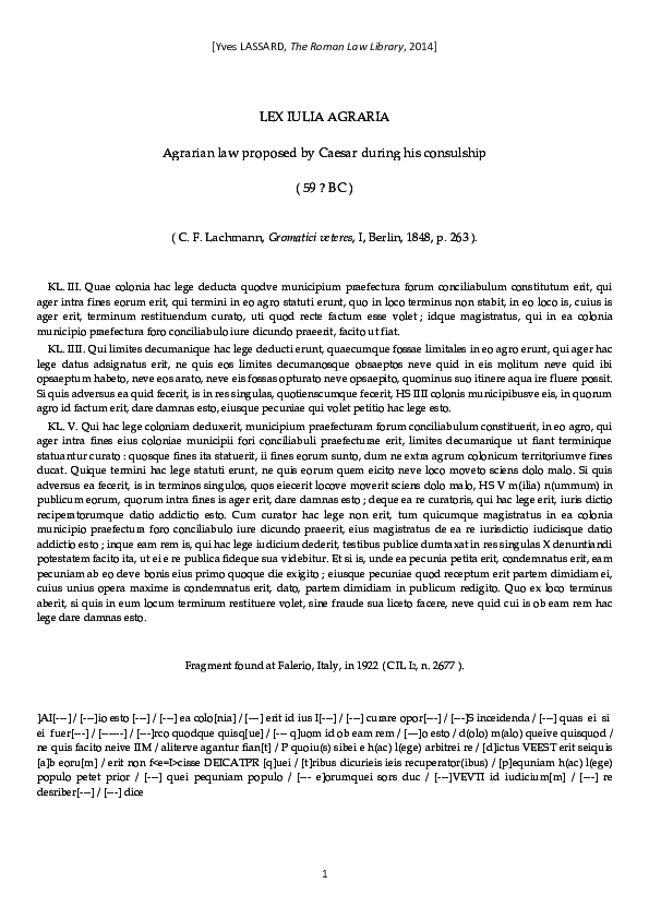 (PDF) Lex Iulia agraria (Gromatici + CIL I 2, 2677)