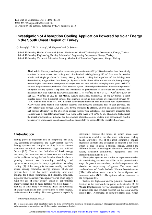 (PDF) Investigation of Absorption Cooling Application Powered by Solar ...