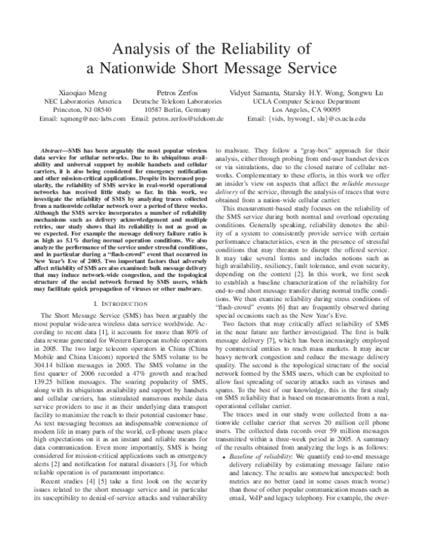 (PDF) Analysis of the Reliability of a Nationwide Short Message Service