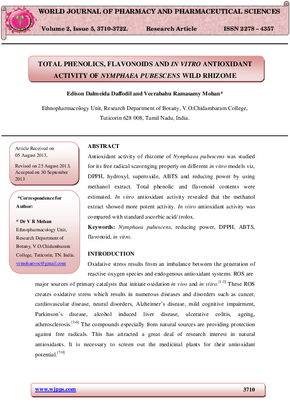 (PDF) TOTAL PHENOLICS, FLAVONOIDS AND IN VITRO ANTIOXIDANT ACTIVITY OF ...