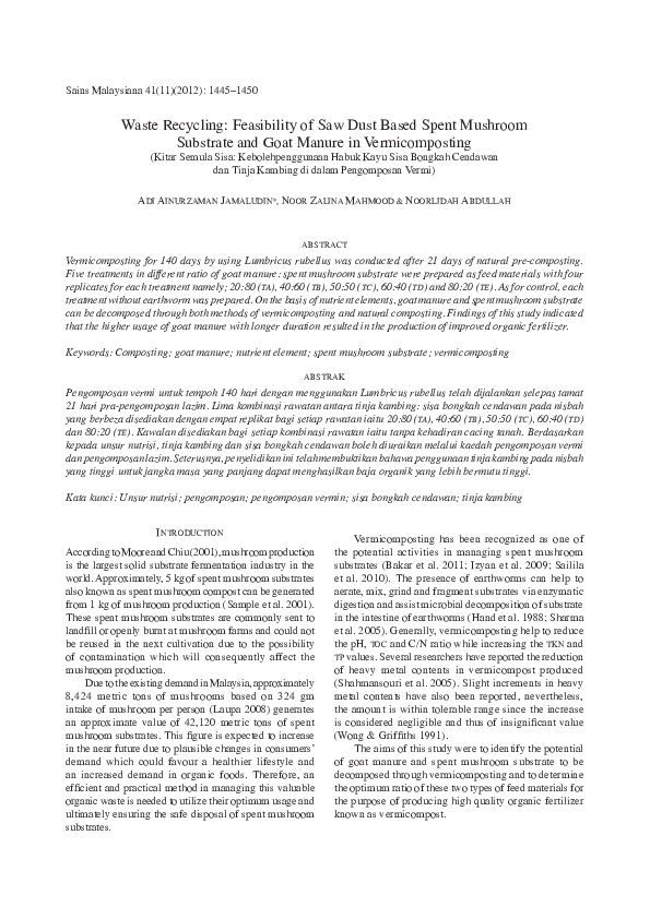 Waste Recycling: Feasibility of Saw Dust Based Spent Mushroom Substrate ...