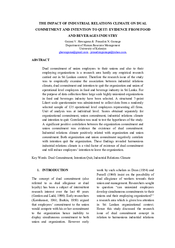 Pdf The Impact Of Industrial Relations Climate On Dual Commitment And Intention To Quit Evidence From Food And Beverages Industry Gayani Hewagama Academia Edu