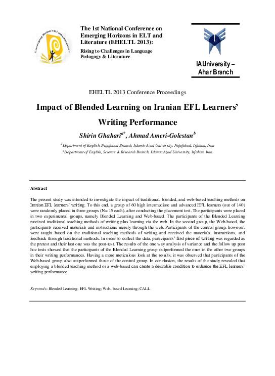 Pdf Impact Of Blended Learning On Iranian Efl Learners Writing