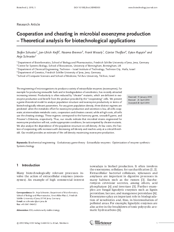 (PDF) Cooperation and cheating in microbial exoenzyme production ...