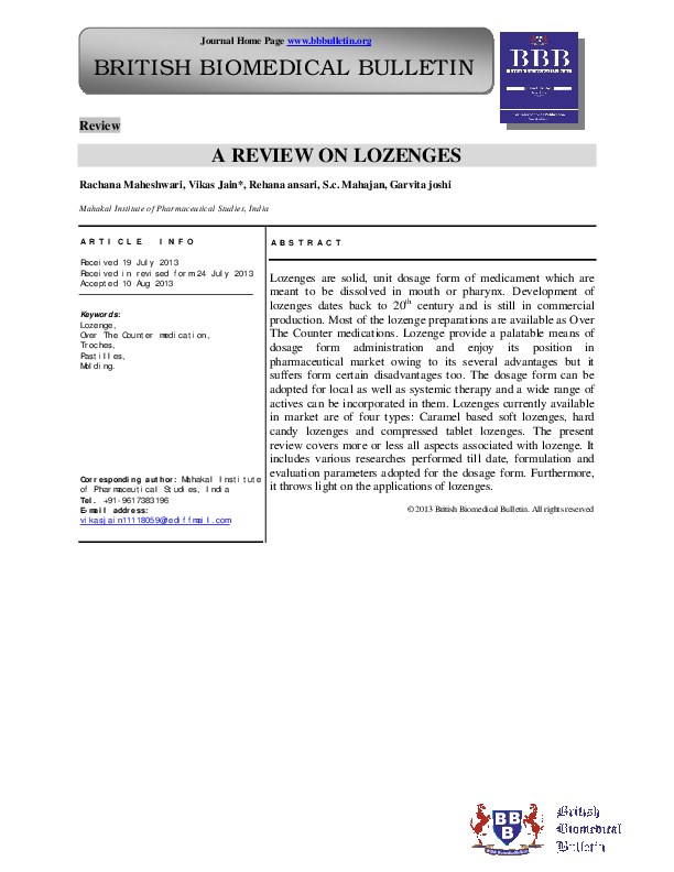 Pdf A Review On Lozenges British Biomedical Bulletin Academia Edu
