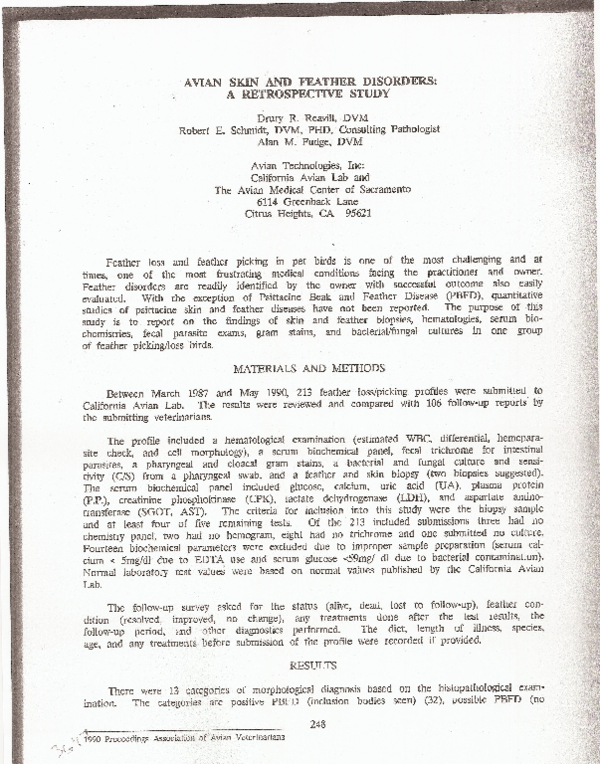 Avian Skin and Feather Disorders A Retrospective Study Drury Reavill