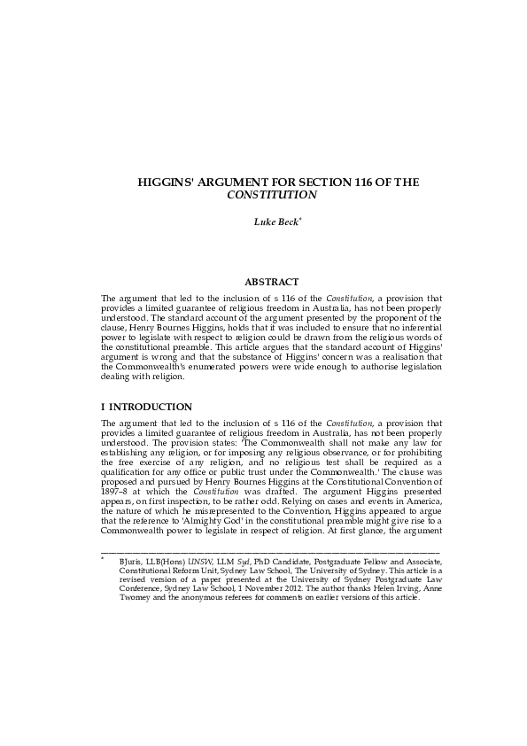 Higgins' Argument for Section 116 of the Constitution