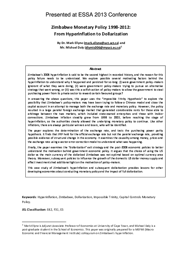 (DOC) Zimbabwe Monetary Policy hyperinflation to dollarization ESSA