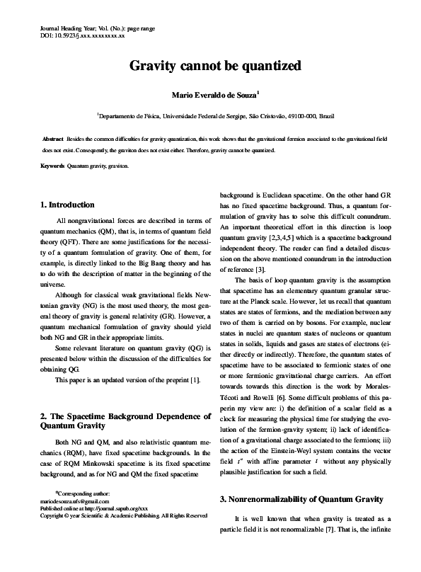 (PDF) Gravity cannot be quantized mario de souza Academia.edu