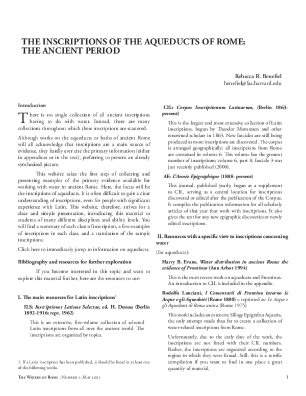 (PDF) The Inscriptions of the Aqueducts of Rome: The Ancient Period