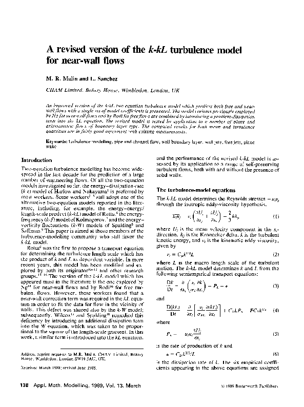 (PDF) A REVISED VERSION OF THE K-KL TURBULENCE MODEL FOR NEAR-WALL FLOWS
