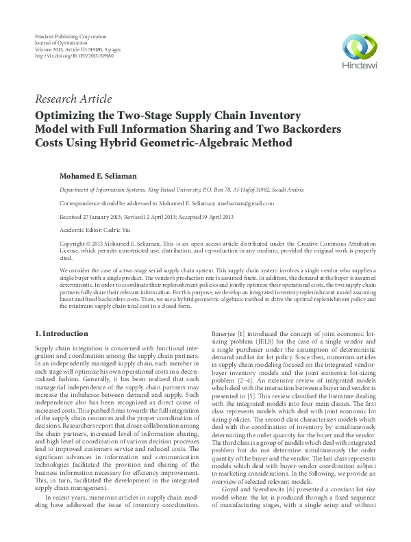 (PDF) Optimizing the Two-Stage Supply Chain Inventory Model with Full ...