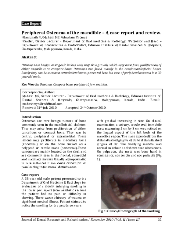 Peripheral osteoma of the mandible - A case report and review