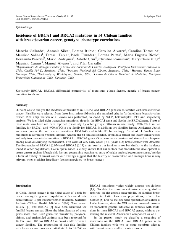 (PDF) Incidence of BRCA1 and BRCA2 mutations in 54 Chilean familieswith ...